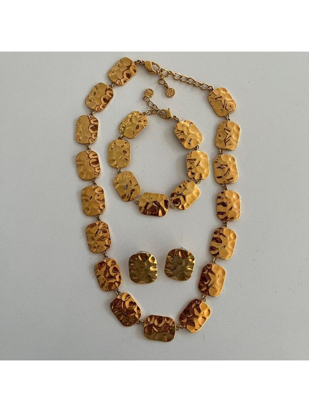VINTAGE Butler FAC Set of Necklace Bracelet Earrings Hammered Gold Tone Metal